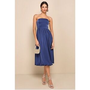 NWOT Lulus Elegant Navy Blue Strapless Bubble Hem Midi Dress